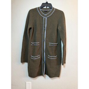 Talbots Olive Green Waffle Knit Longline Cardigan Sweater Blue Trim Small